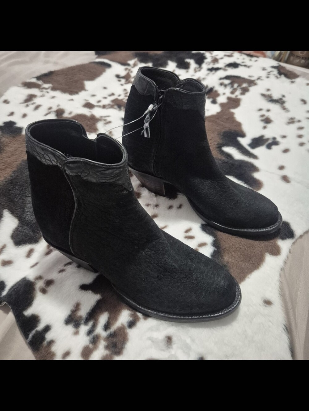 Lucchese Black Suede & Leather Ankle Heeled Western Booties-Size:8